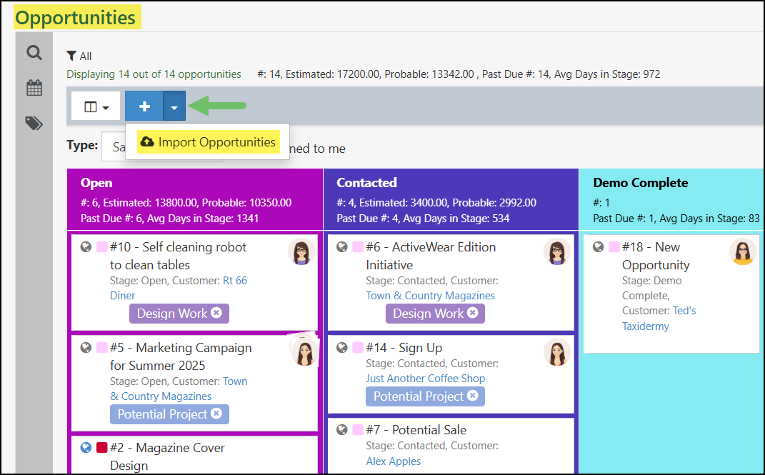 Opportunities List with the Board View with the Import Opportunities button expanded.