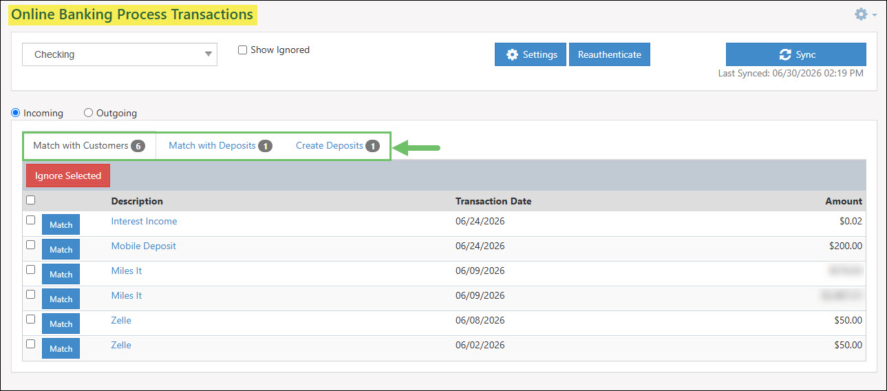 The Incoming Transaction Tab Options
