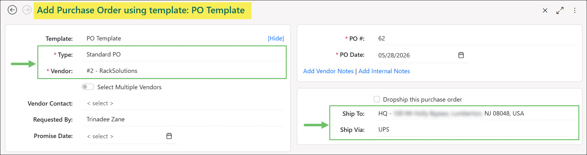 The Information Carried Over to the New Purchase Order from the Template