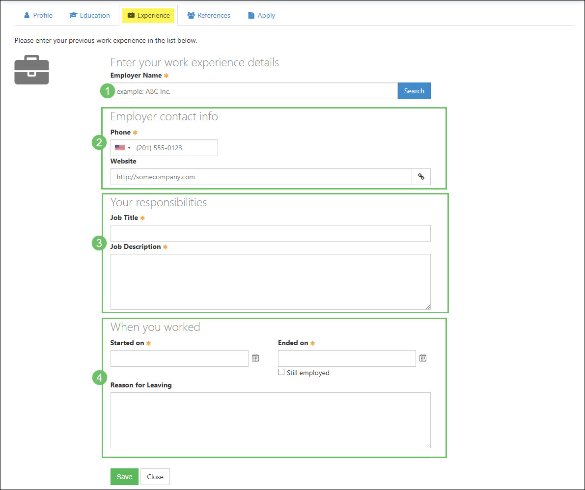 The Information and Actions Available from the Add Experience Page from a Candidate Profile