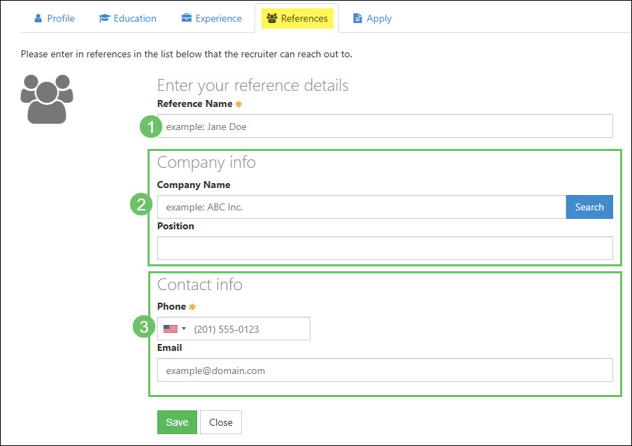 The Information and Actions Available from the Add Reference Page from a Candidate Profile