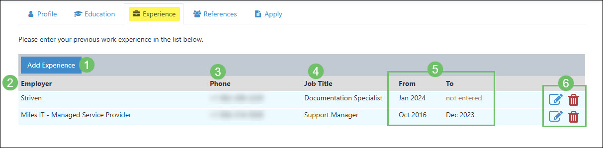 The Information and Actions Available from the Experience Tab from a Candidate Profile