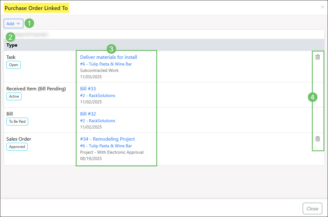 The Information and Actions Available in the Purchase Order Linked To Window