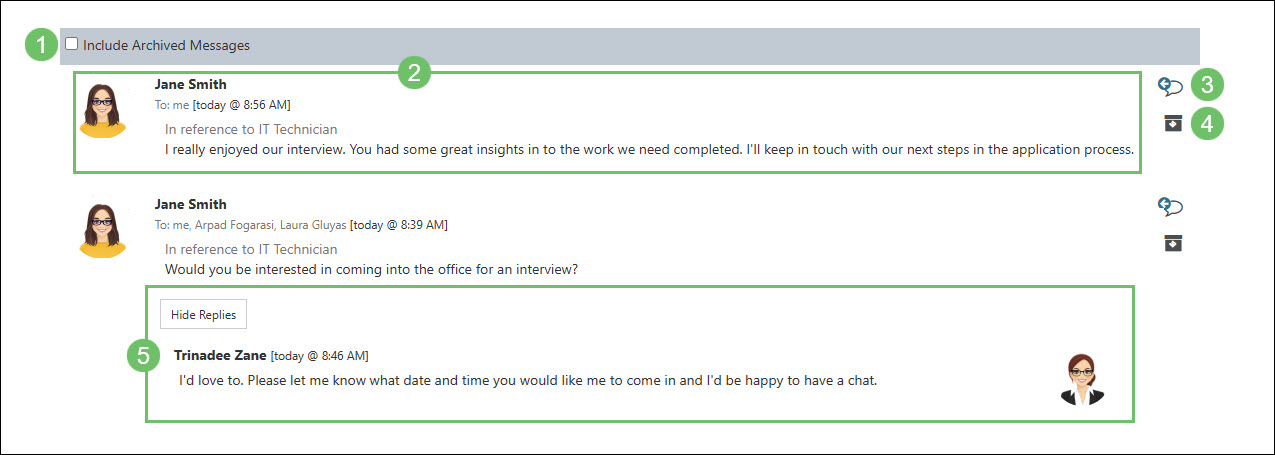 The Information and Actions Available on the Messages List in the Career Portal