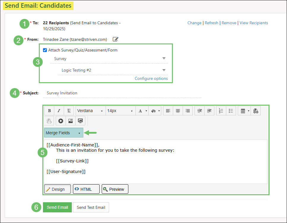 The Information and Actions Available with the Send Email for Candidates