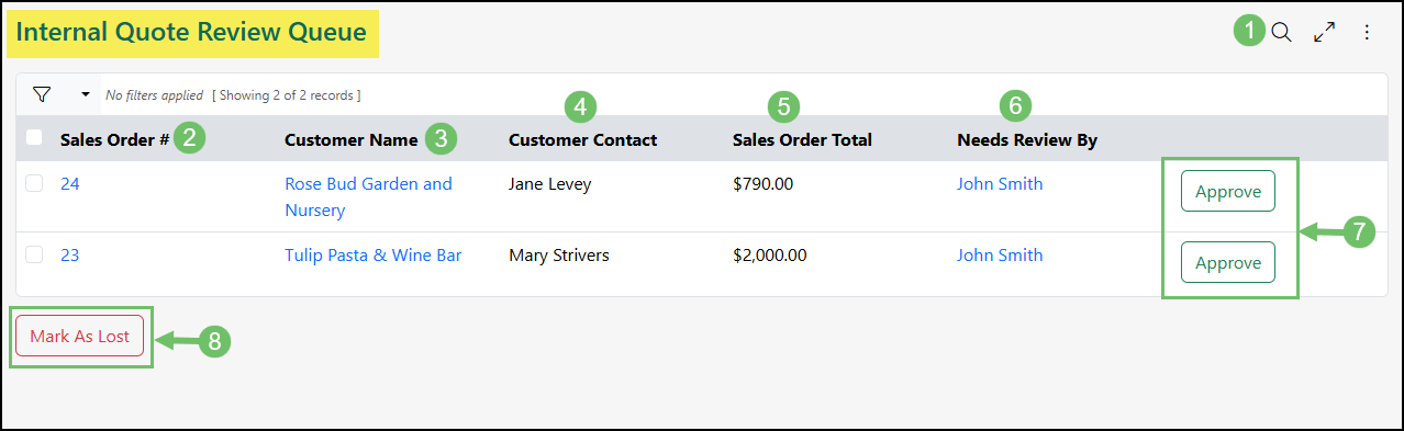 Example of the Internal Quote Review Queue