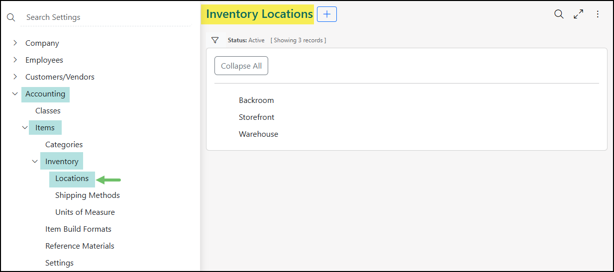 The Inventory Locations Page.