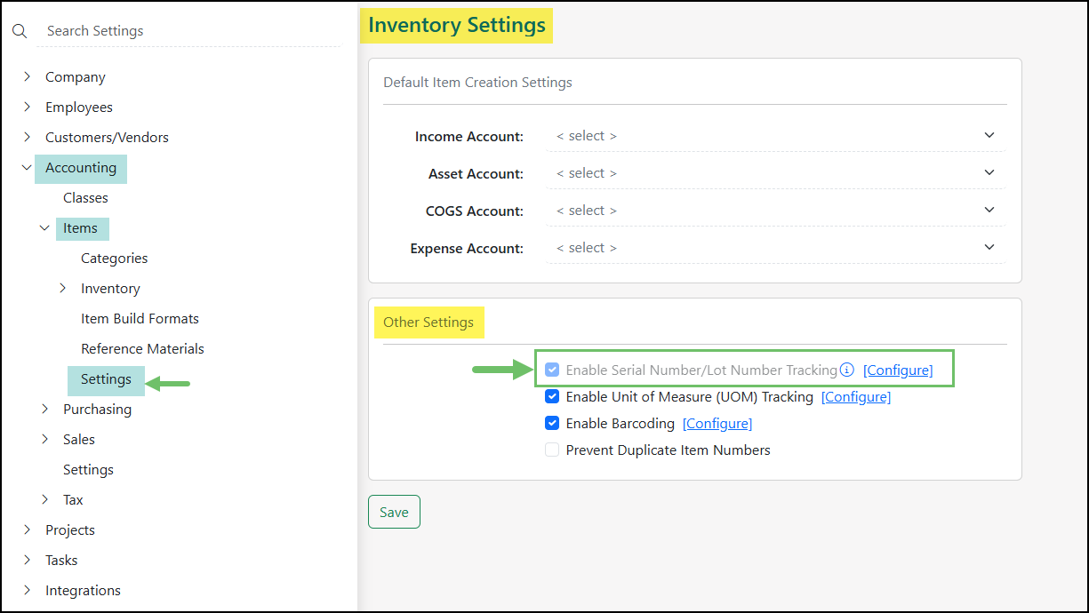 The Inventory Settings Page with the Serial Number Option Enabled.