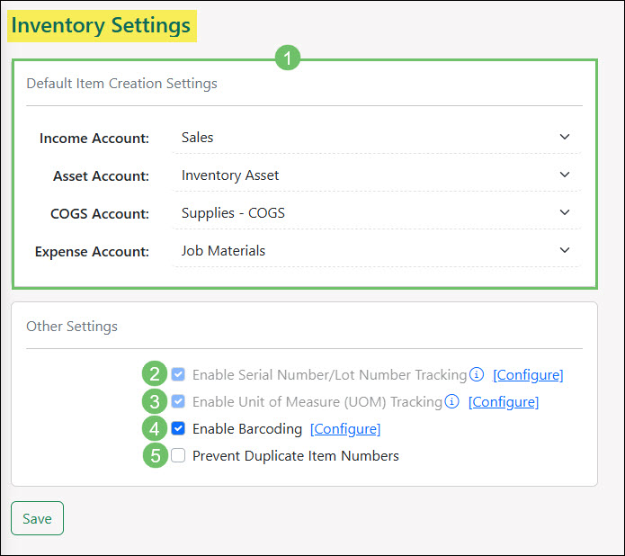 The Inventory Settings Page