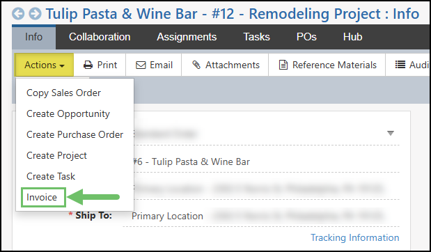 The Invoice Option in the Actions Menu on a Sales Order
