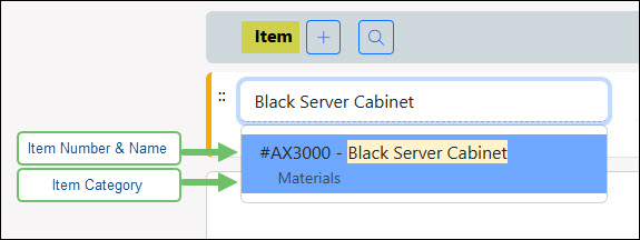 The Item Drop-Down List on a Purchase Order Showing the Item Number-Name and Category