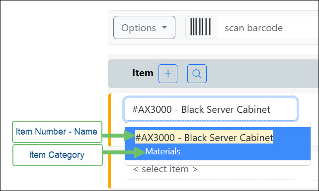 The Item Drop-Down List on a Sales Order Showing the Item Number-Name and Category