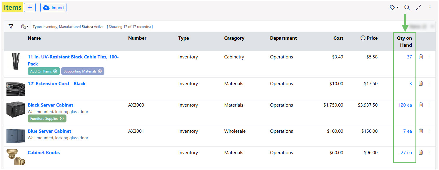 The Item Quick Report Links from the Items List