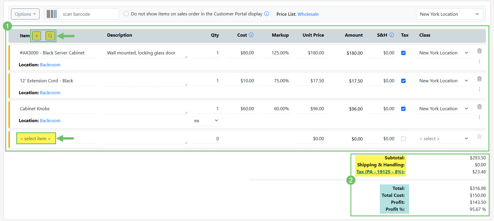 The Items Section & Totals Section of a Sales Order