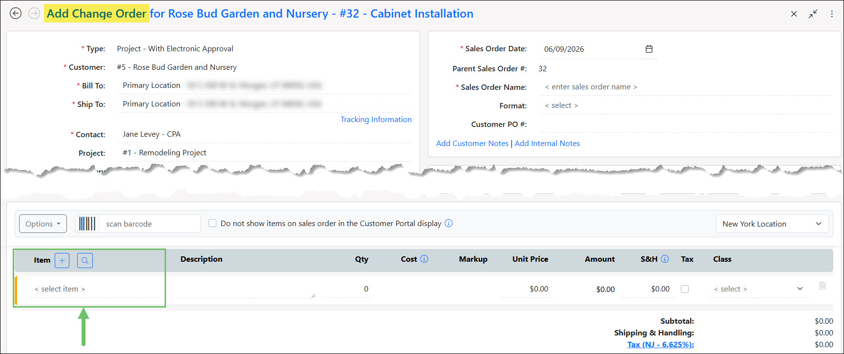 The Items Section When Adding a Change Order
