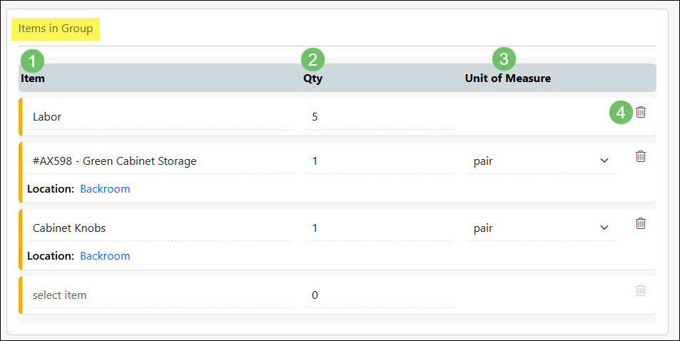 The Items in Group Section for an Item Group
