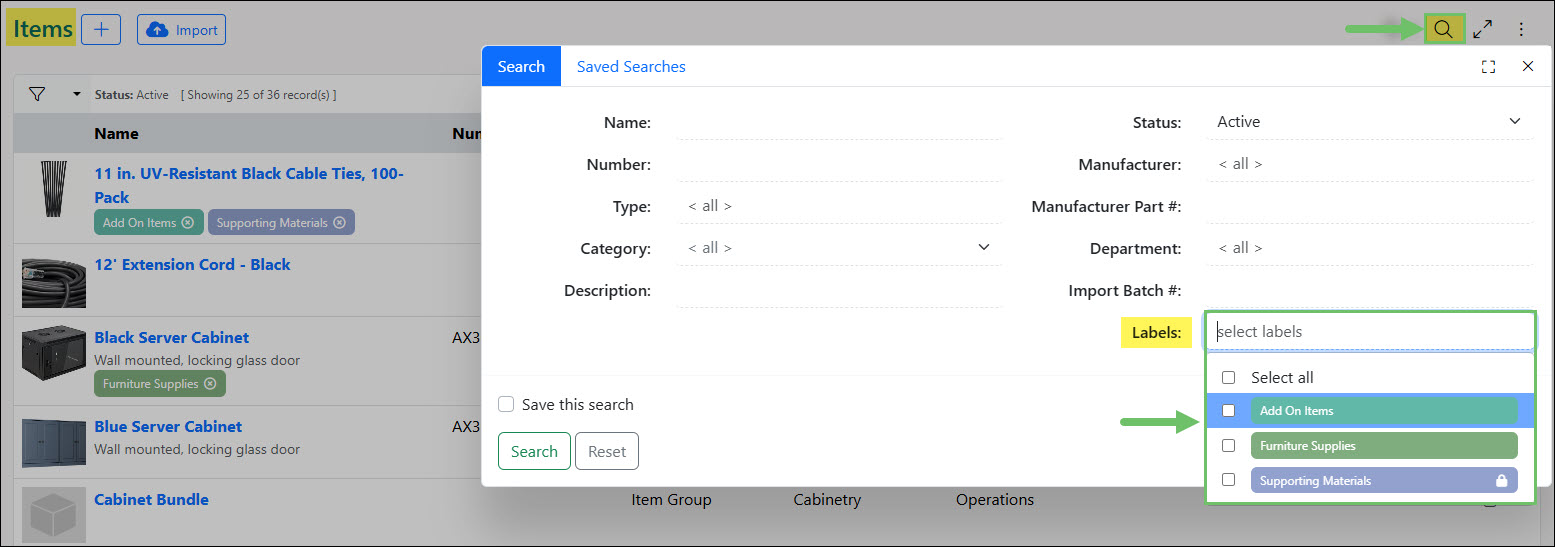 The Labels Search Filter on the Items List