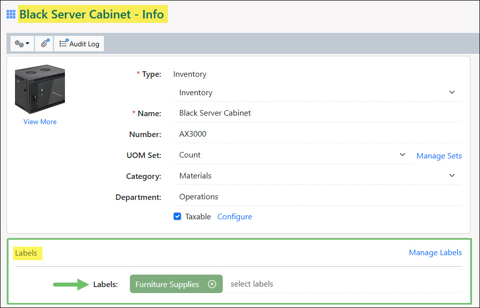 The Labels Section on the Item Info Page