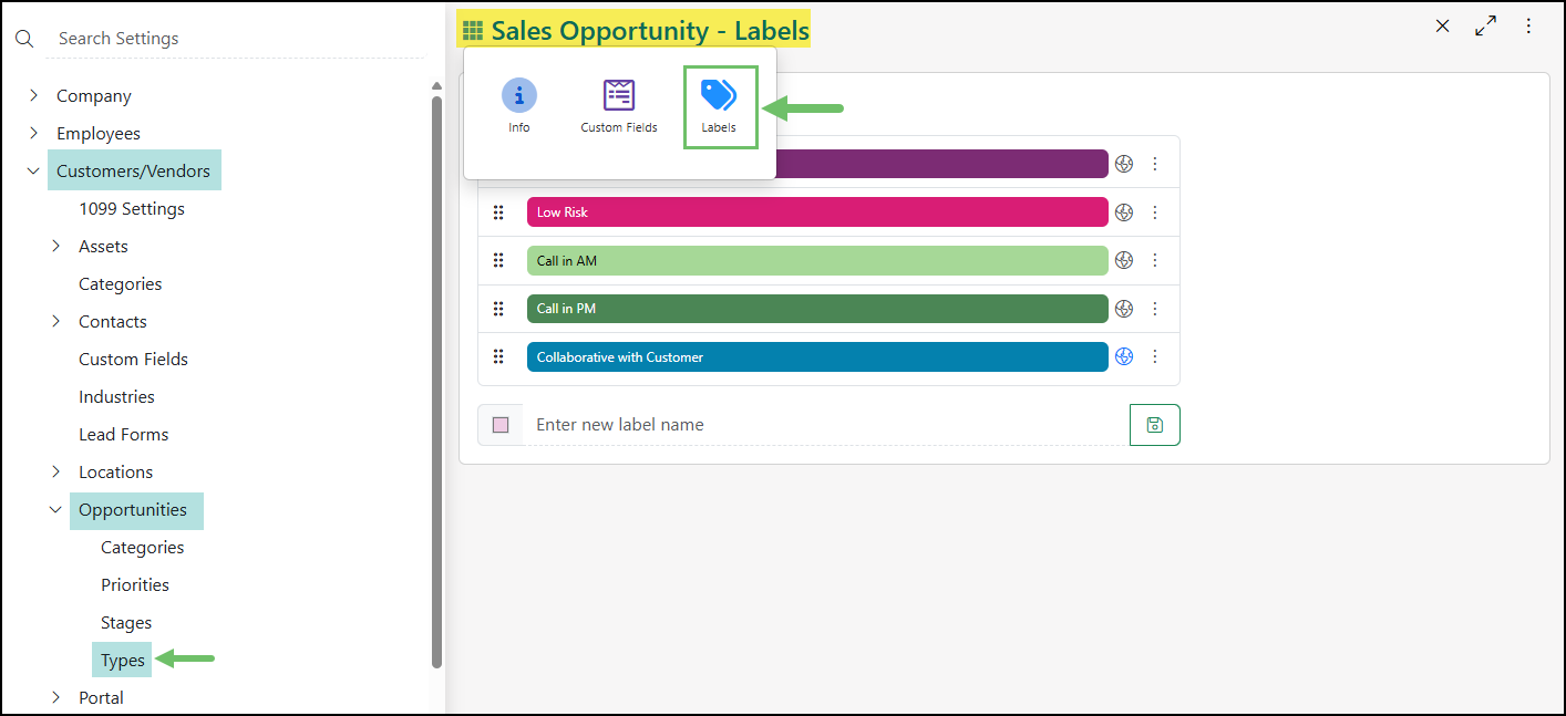 The Labels Tab in a Sales Opportunity Type