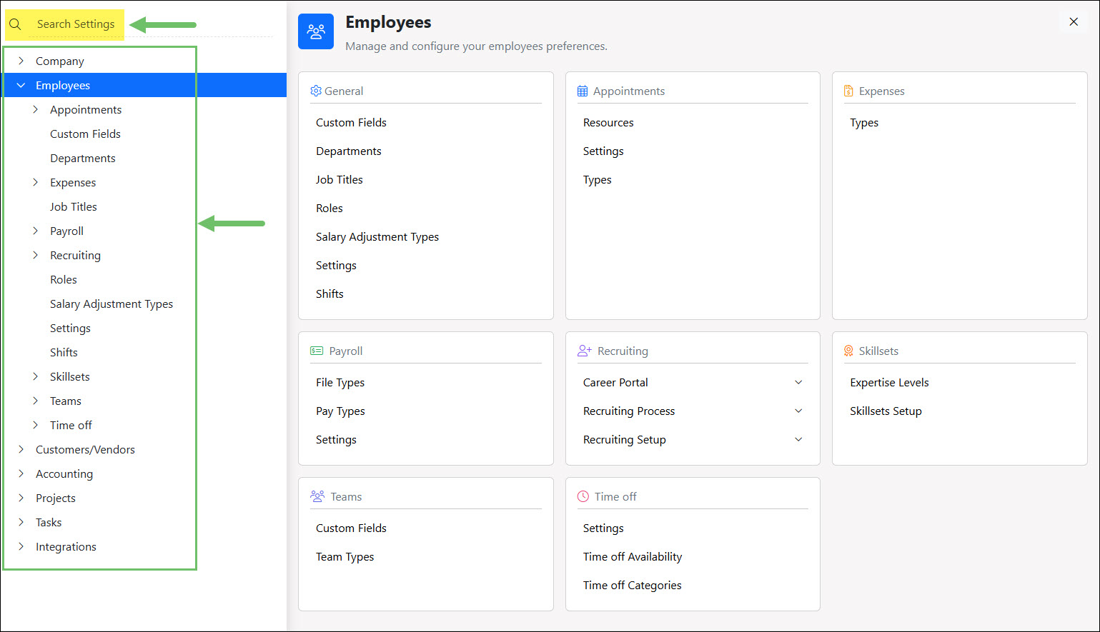 The Left-Side Navigation and Search Field in Settings