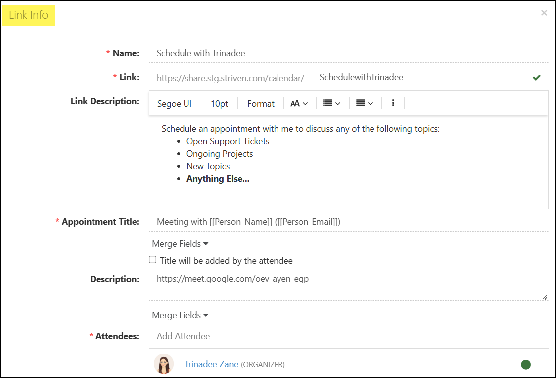 Link Info page to set up an external appointment link.