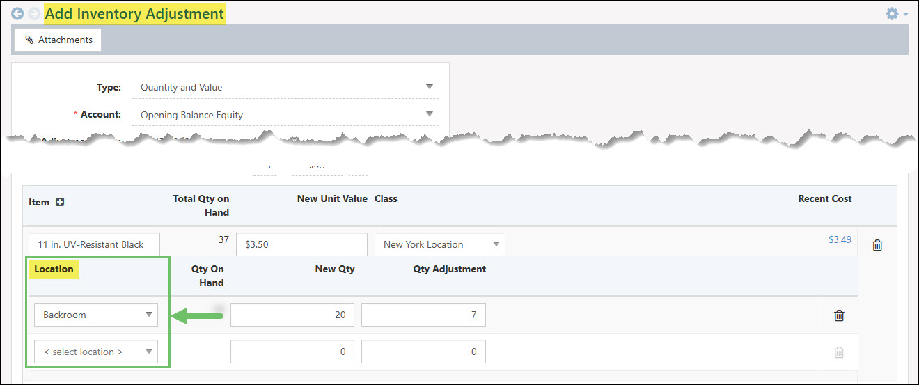 The Location Column on an Inventory Adjustment
