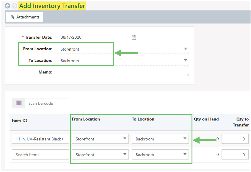 The Location Fields on an Inventory Transfer
