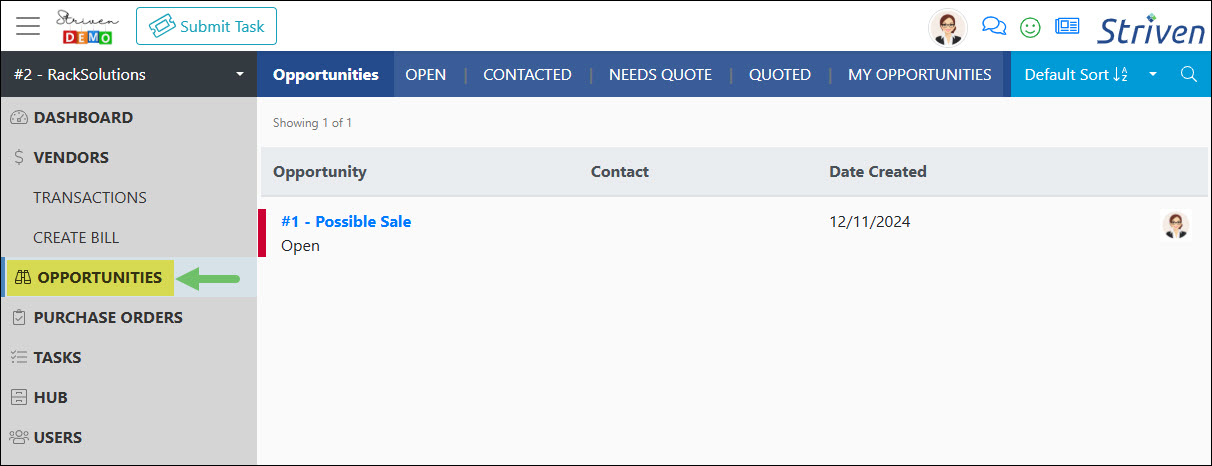 The Location of Opportunities from the Side Menu in the Vendor Portal