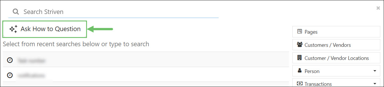 Example of where to find the Ask a How-To Question button in the Striven Search