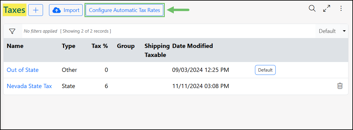 Tax Agencies List with the button highlighted to Configure Automatic Tax Rates