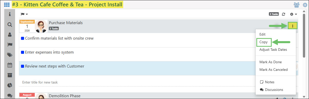 The Location of the Copy Milestone Option