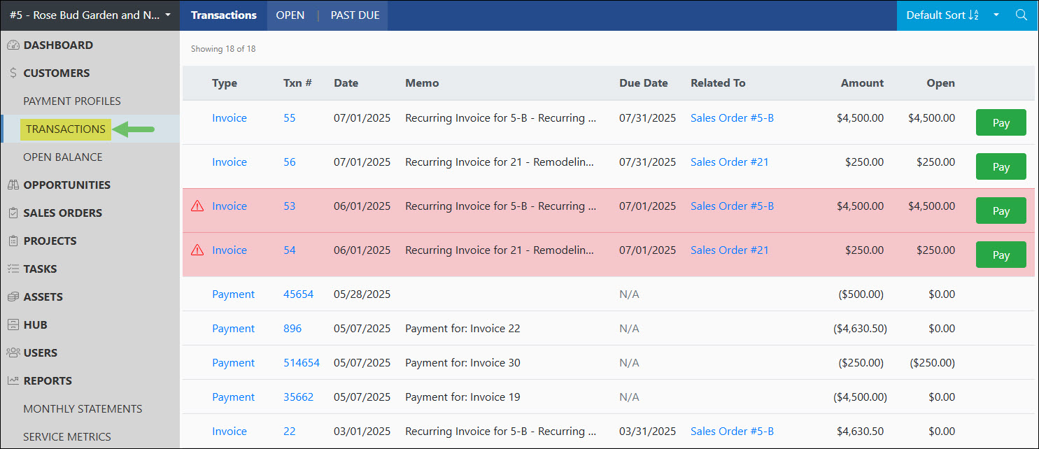 The Location of the Transactions List in the Customer Portal