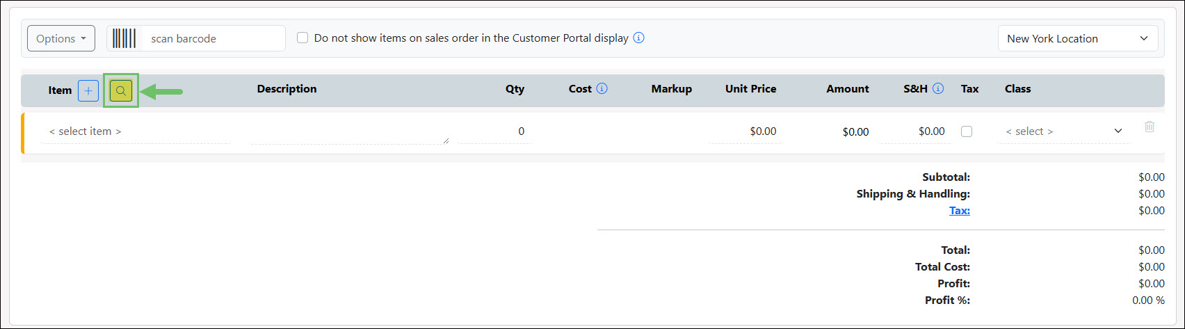 The Magnifying Glass Icon for the Items Search Option on a Sales Order