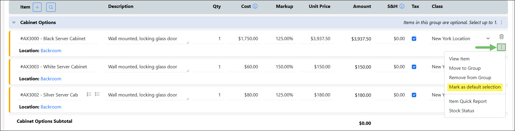 The Mark as Default Selection Option for an Item
