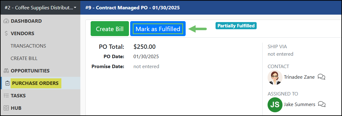 Purchase Order in the Vendor Portal with the button to Mark as Fulfilled highlighted.
