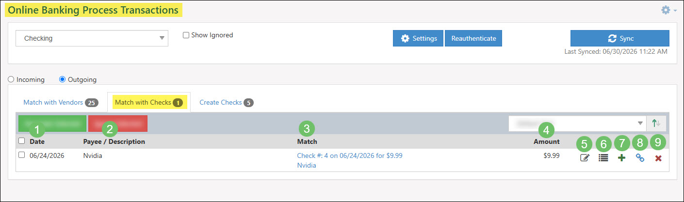 The Match with Checks Tab in Online Banking