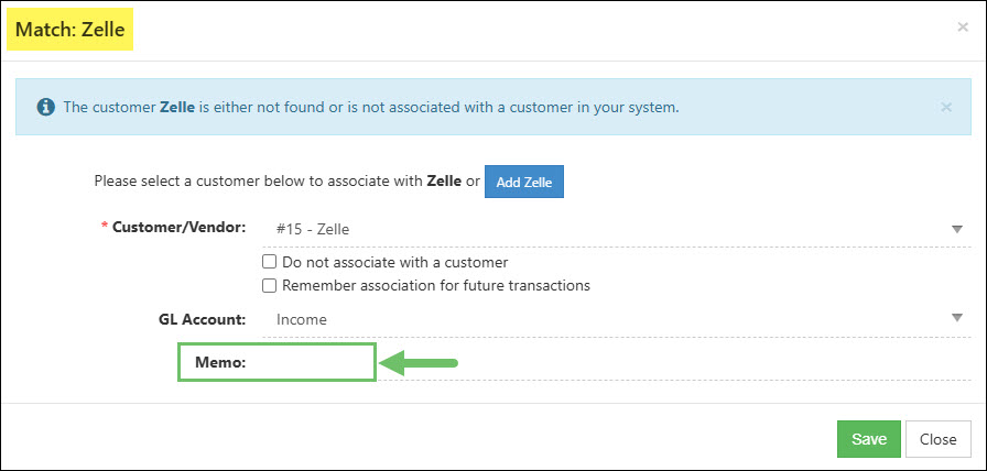 The Memo Field in the Match Customer Popup