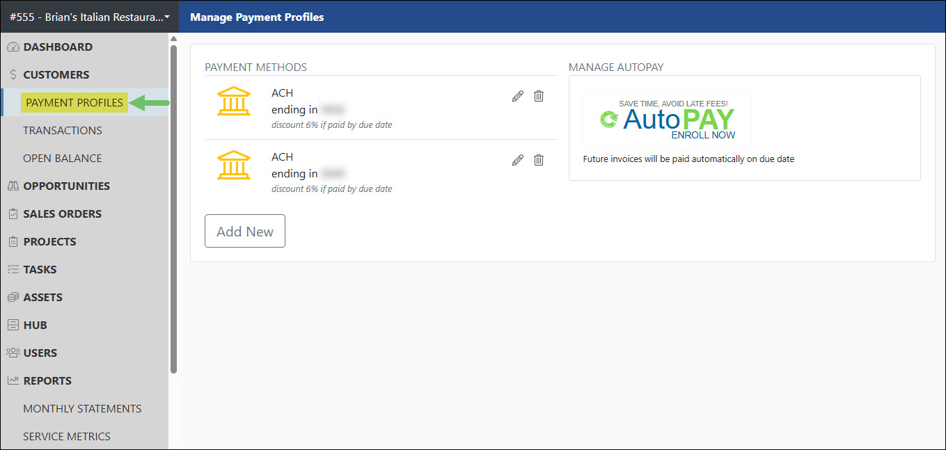 The Menu Location for Payment Profiles in the Portal