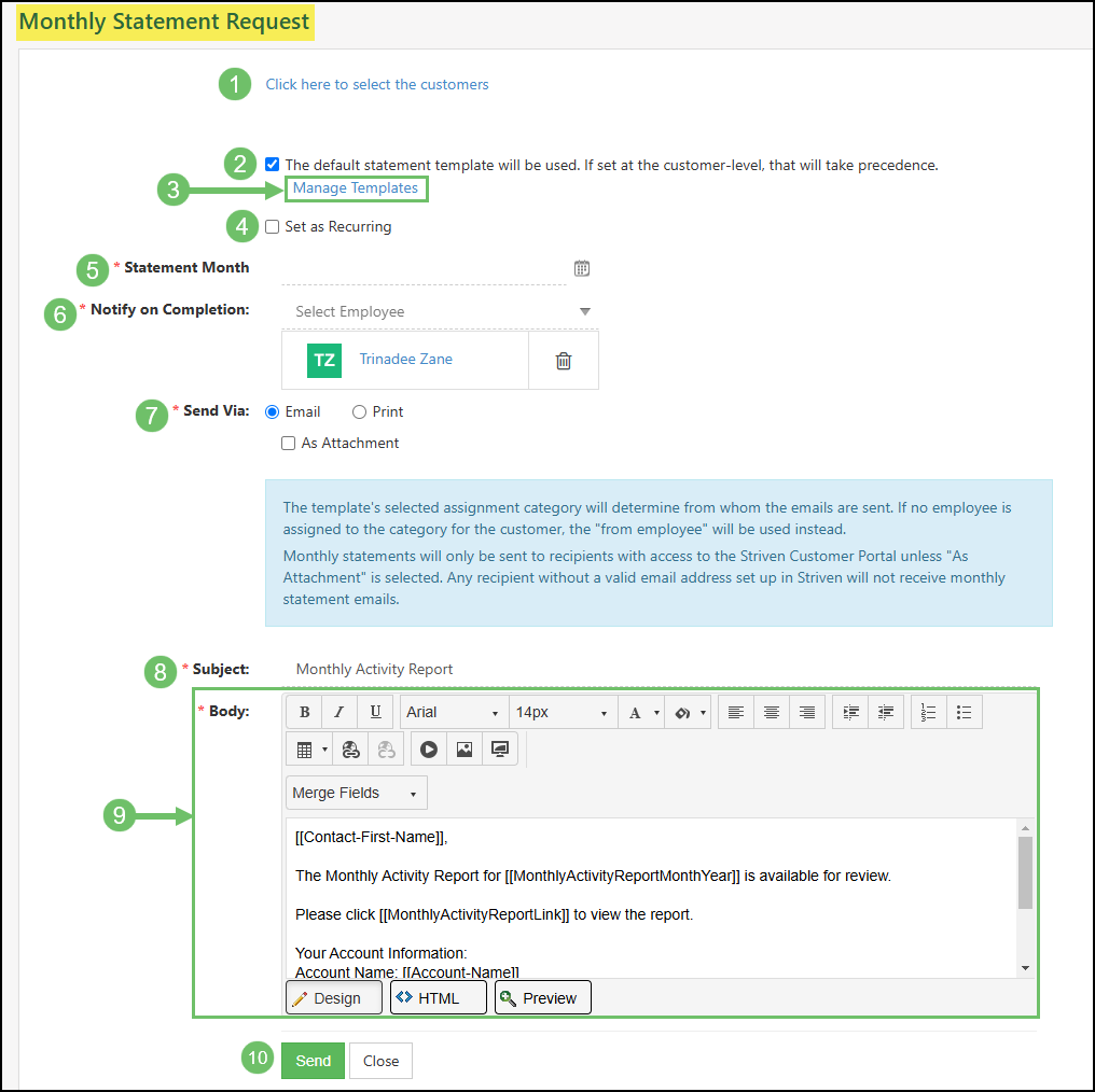 The Monthly Statement Request Page set to be emailed.