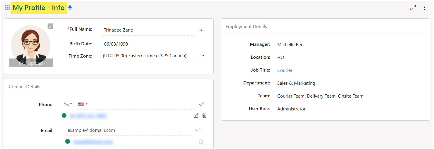 The My Profile - Info Page from the Employee Actions Menu