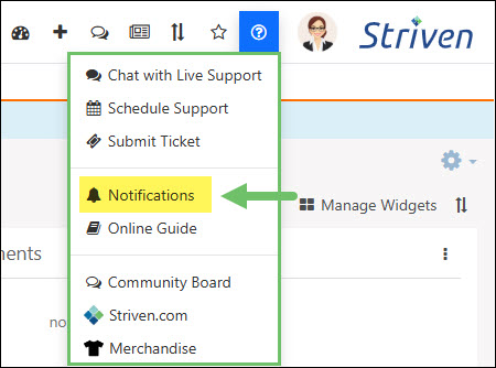 The Notifications Link on the Striven Help Menu