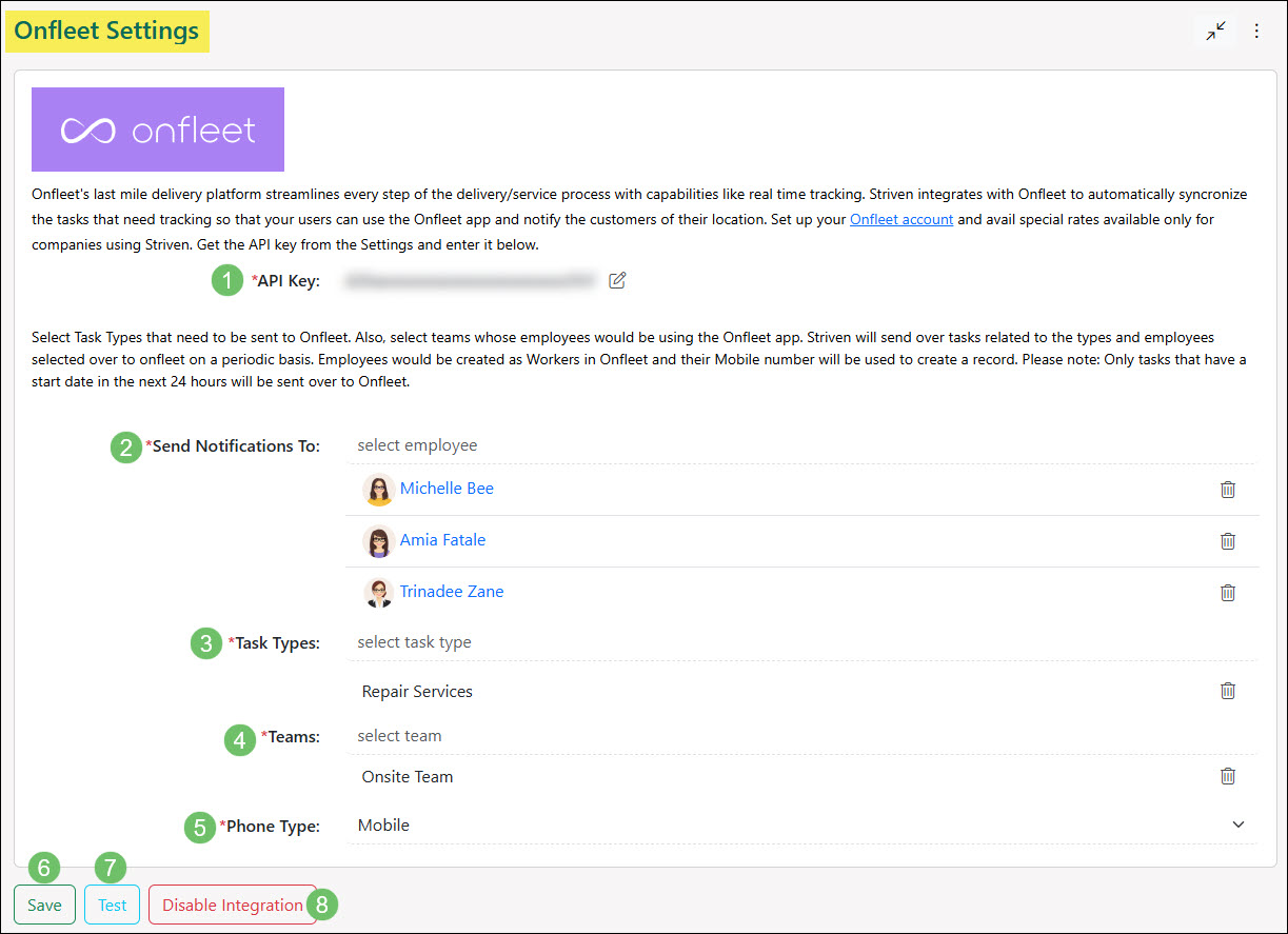 The Onfleet Settings Page After the Integration is Enabled