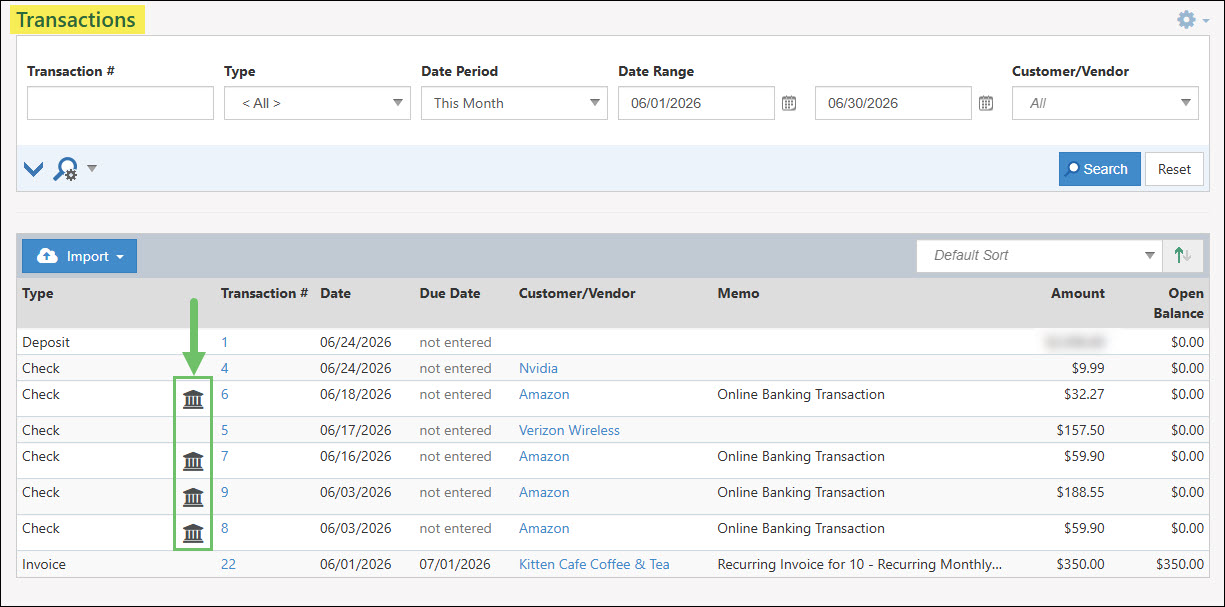 The Online Banking Icon Located on the Transactions List
