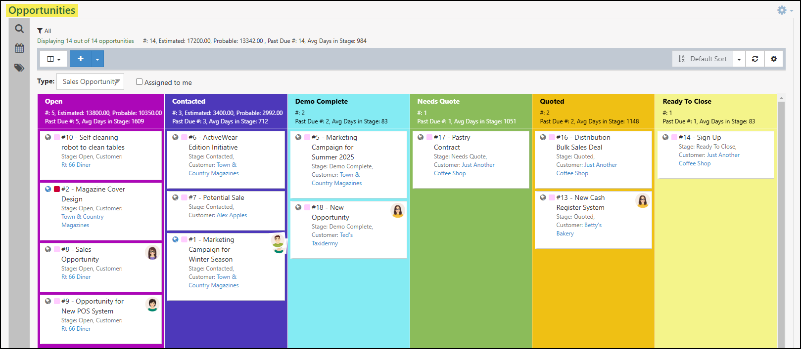 The Opportunity Board View with multiple Opportunities listed in each Stage.
