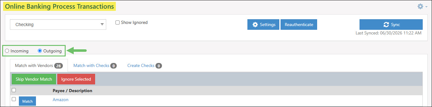 The Outgoing and Incoming Toggle Options for Online Banking