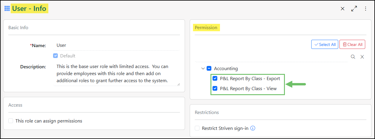 The P&L By Class Report Permissions in a User Role.