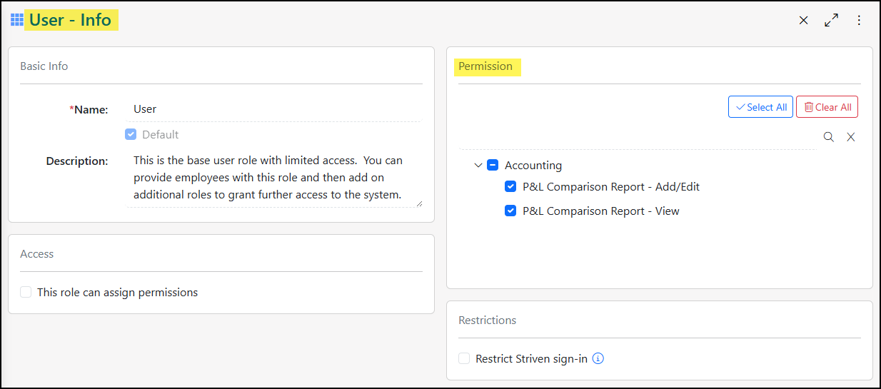 The P&L Comparison Report Permissions in a User Role.
