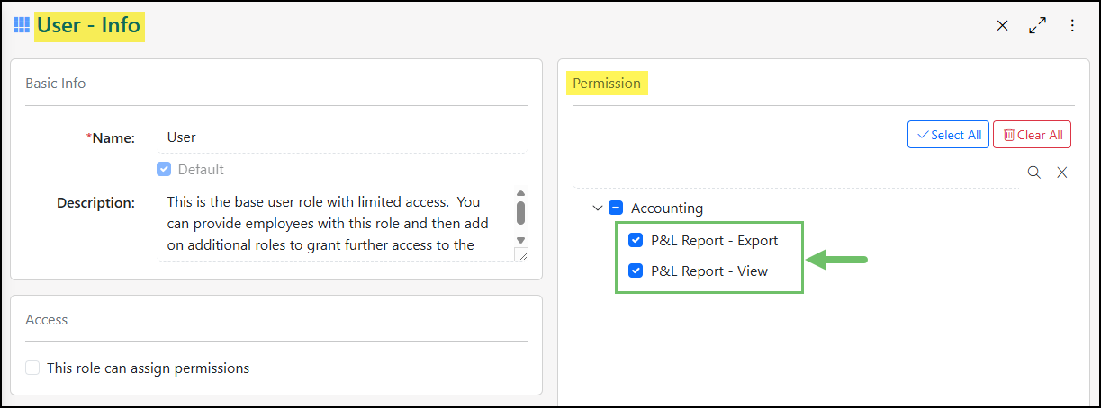 The P&L Report Permissions listed within a User Role.