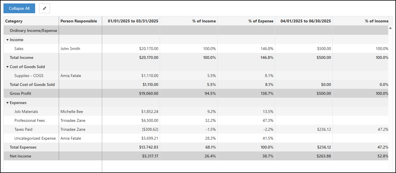The P&L Report with Show Columns Options Configured.