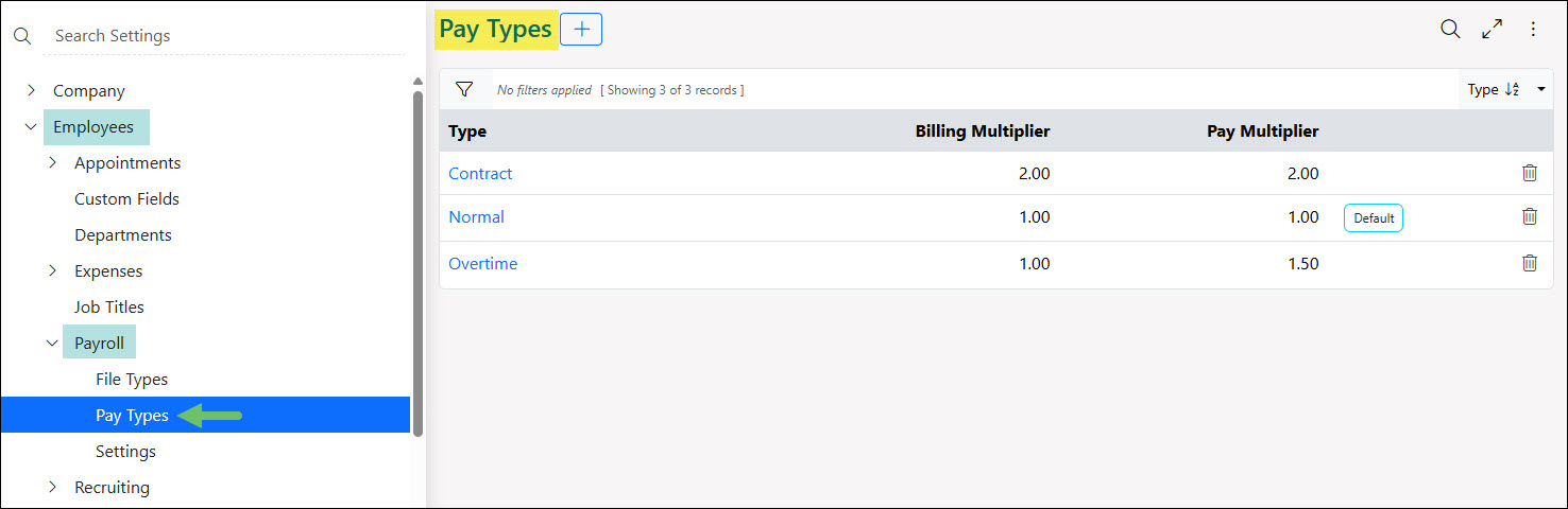 The Pay Types Settings Page